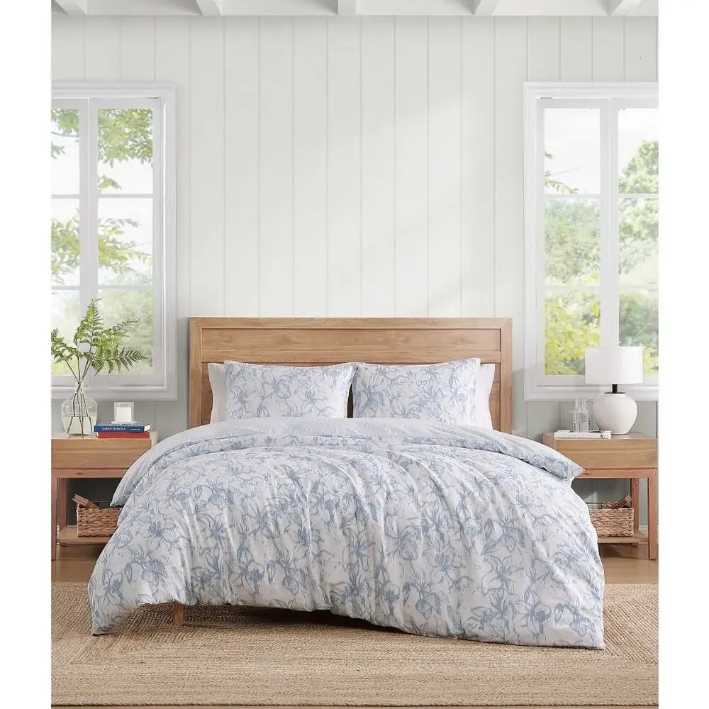 Tommy Hilfiger Full Queen Duvet Set Blue Floral 100% Cotton Slub NEW - Picture 1 of 6